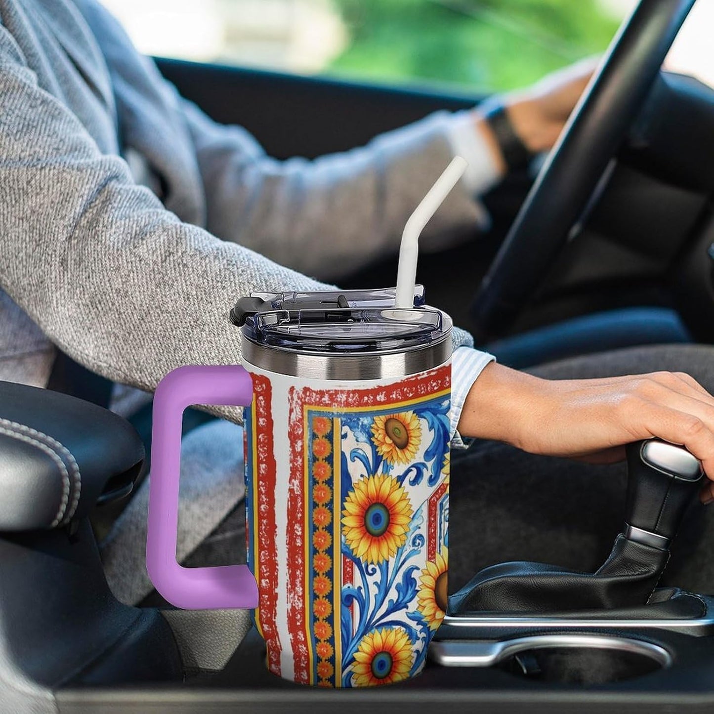 Leakproof Tumbler Vacuum Sealed Car Holder Friendly For Travel Simple Minimalist White Poppy Flower Pattern Coffee Mug Light Rose Red-style-27 - Colors G