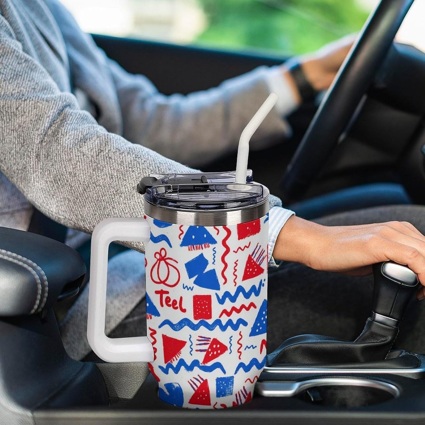 Leakproof Tumbler Vacuum Sealed Car Holder Friendly For Travel Simple Minimalist White Poppy Flower Pattern Coffee Mug Light Rose Red-style-27 - Colors G