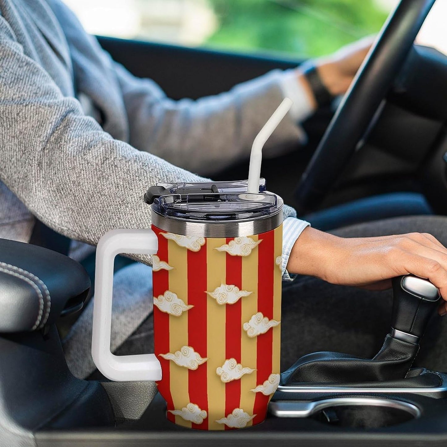 Leakproof Tumbler Vacuum Sealed Car Holder Friendly For Travel Simple Minimalist White Poppy Flower Pattern Coffee Mug Light Rose Red-style-27 - Colors G