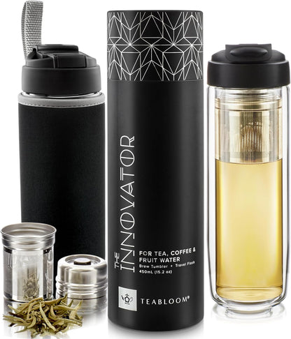 Travel Tea Infusing Cup – Insulated Borosilicate Glass Bottle with Magnetic Controlled Infuser and Flip Lid for Hot Tea, Cold-brew Coffee, Fruit Water – The Innovator Tumbler (15oz/450ml)
