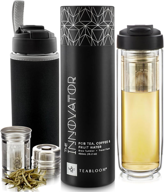 Travel Tea Infusing Cup – Insulated Borosilicate Glass Bottle with Magnetic Controlled Infuser and Flip Lid for Hot Tea, Cold-brew Coffee, Fruit Water – The Innovator Tumbler (15oz/450ml)