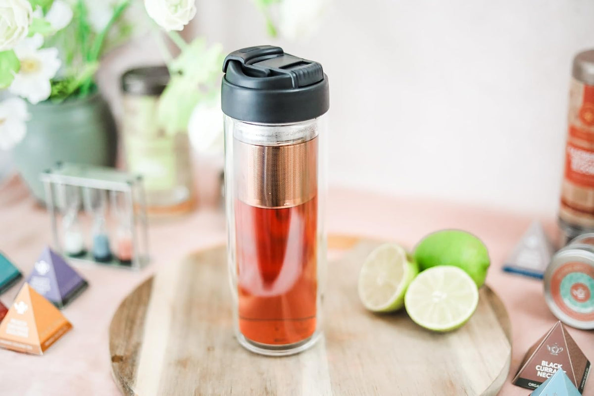 Travel Tea Infusing Cup – Insulated Borosilicate Glass Bottle with Magnetic Controlled Infuser and Flip Lid for Hot Tea, Cold-brew Coffee, Fruit Water – The Innovator Tumbler (15oz/450ml)