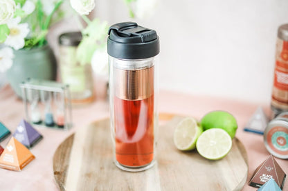 Travel Tea Infusing Cup – Insulated Borosilicate Glass Bottle with Magnetic Controlled Infuser and Flip Lid for Hot Tea, Cold-brew Coffee, Fruit Water – The Innovator Tumbler (15oz/450ml)