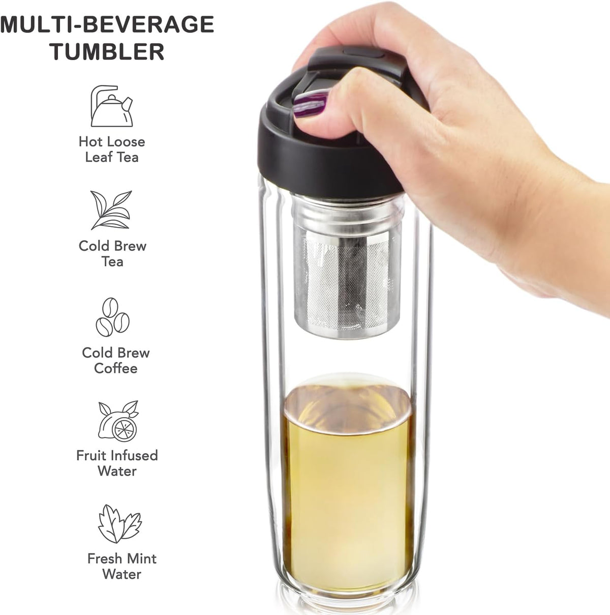 Travel Tea Infusing Cup – Insulated Borosilicate Glass Bottle with Magnetic Controlled Infuser and Flip Lid for Hot Tea, Cold-brew Coffee, Fruit Water – The Innovator Tumbler (15oz/450ml)