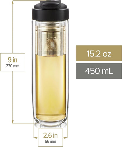 Travel Tea Infusing Cup – Insulated Borosilicate Glass Bottle with Magnetic Controlled Infuser and Flip Lid for Hot Tea, Cold-brew Coffee, Fruit Water – The Innovator Tumbler (15oz/450ml)