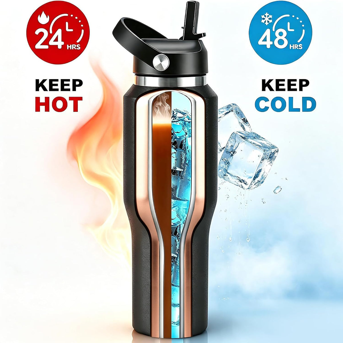 32 oz Insulated Water Bottle Stainless Steel Triple-Wall with Straw Lid Set - Colors B
