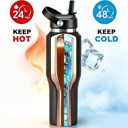 32 oz Insulated Water Bottle Stainless Steel Triple-Wall with Straw Lid Set - Colors B