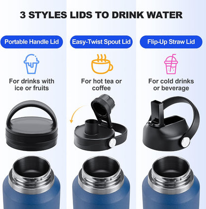 32 oz Insulated Water Bottle Stainless Steel Triple-Wall with Straw Lid Set - Colors B