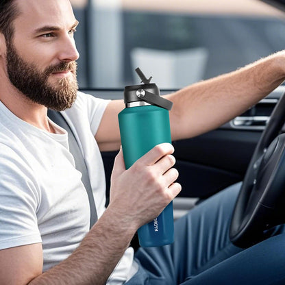 32 oz Insulated Water Bottle Stainless Steel Triple-Wall with Straw Lid Set - Colors B