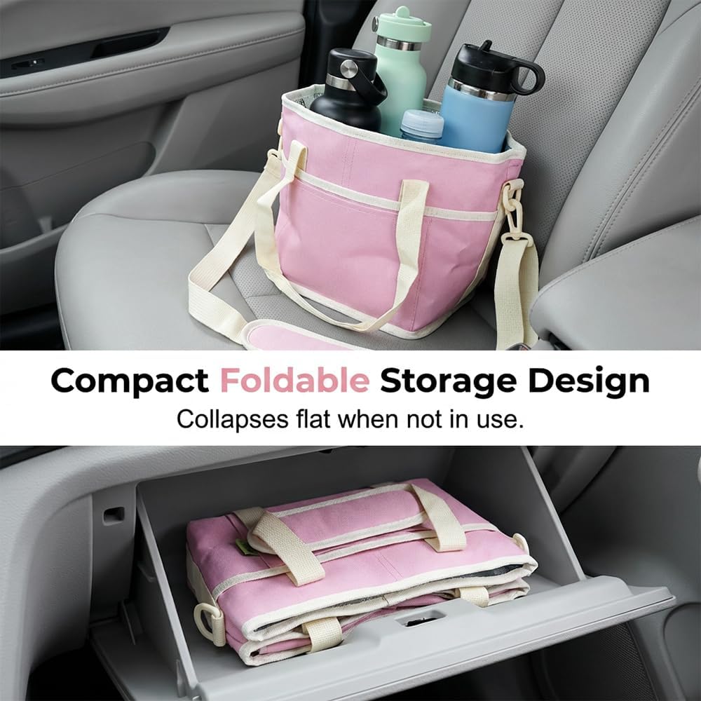 Insulated Drink Carrier Bag for 4 Cups, 2026 New No-Spill Car Drink Carrier Bag, Multiple Tumbler Carrier Caddy, Family Size 4 Compartment Drink Bag, Water Bottle Holder with Adjustable Strap (Pink)