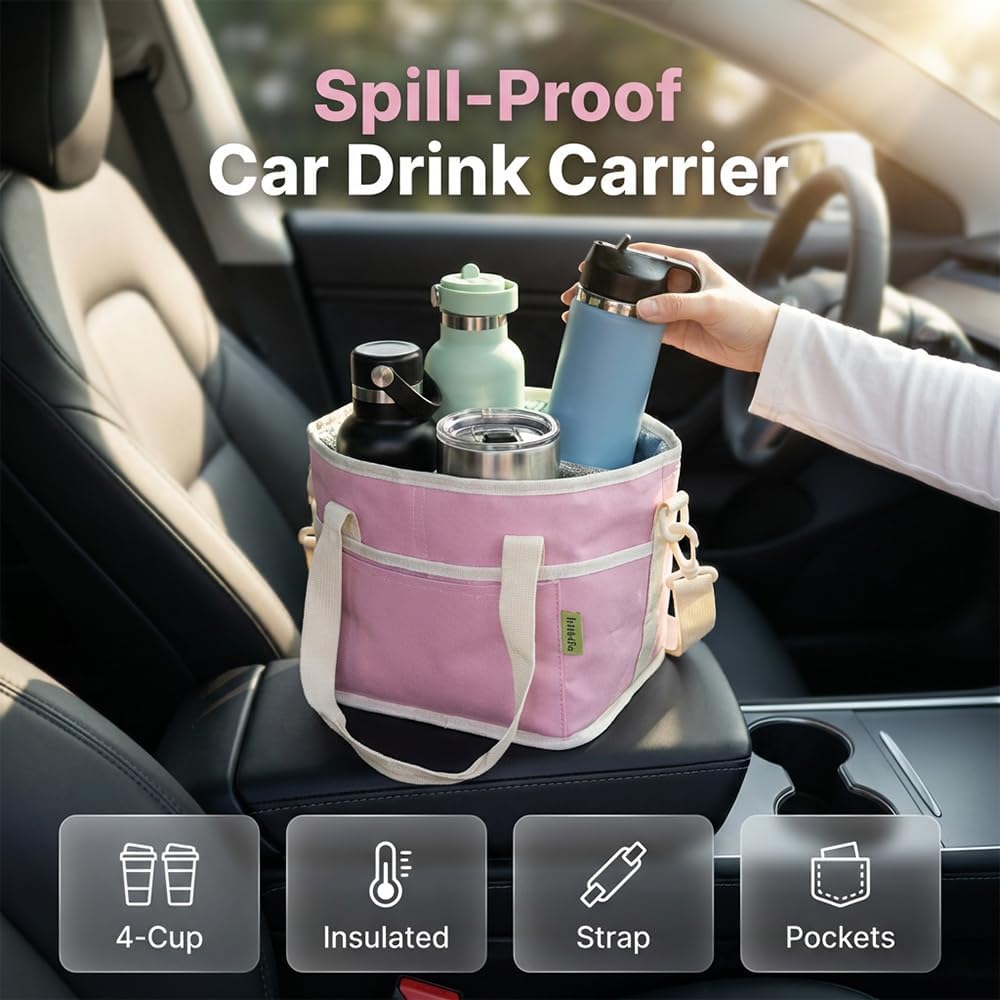 Insulated Drink Carrier Bag for 4 Cups, 2026 New No-Spill Car Drink Carrier Bag, Multiple Tumbler Carrier Caddy, Family Size 4 Compartment Drink Bag, Water Bottle Holder with Adjustable Strap (Pink)