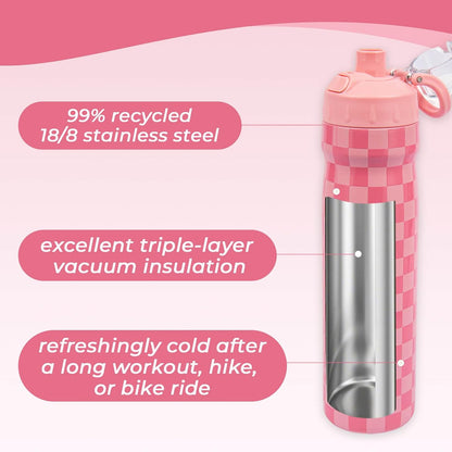 Magnetic Water Bottle with Straw 25 oz - Stainless Steel Insulated Tumbler for Gym & Bike (Fits Holders) - Leak Proof Pop-Up Lid, 2-in-1 Sip or Chug, Handle & Cute Pink Checkered Print