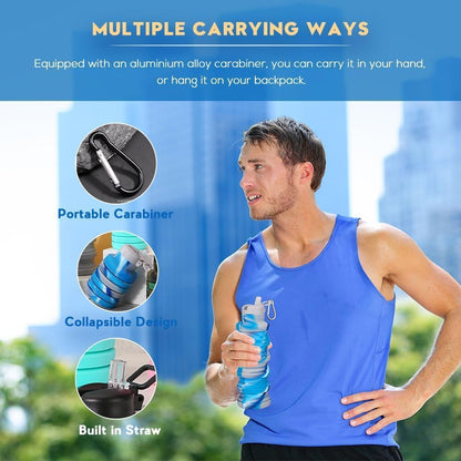 Collapsible water bottles 2 Pack with brush 500ml (Black+Aqua blue)