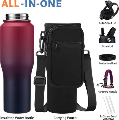 40 oz Insulated Water Bottle with Straw Lid & Pop-up Spout Lid, Carrier Bag