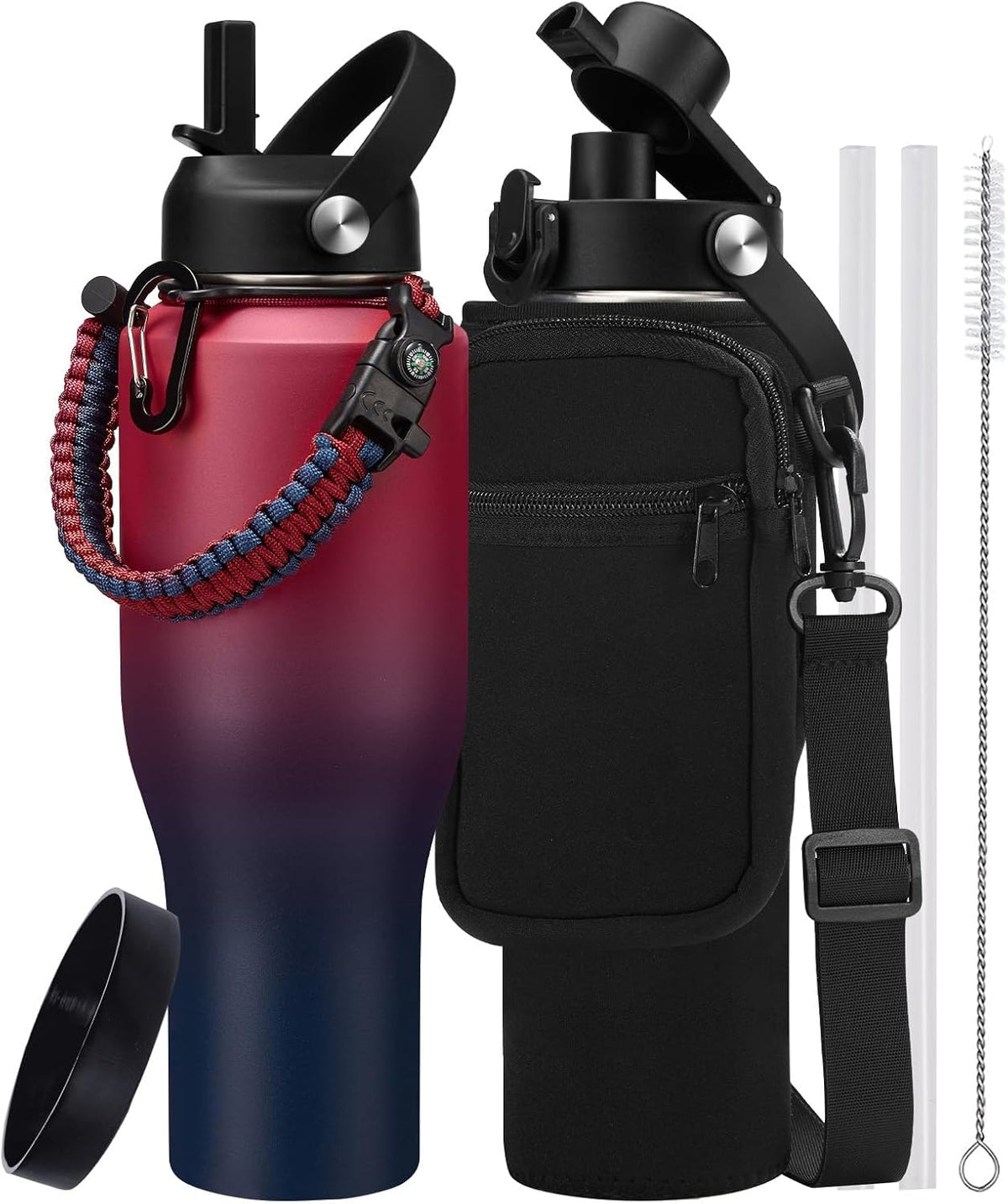 40 oz Insulated Water Bottle with Straw Lid & Pop-up Spout Lid, Carrier Bag