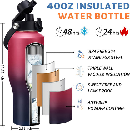 40 oz Insulated Water Bottle with Straw Lid & Pop-up Spout Lid, Carrier Bag