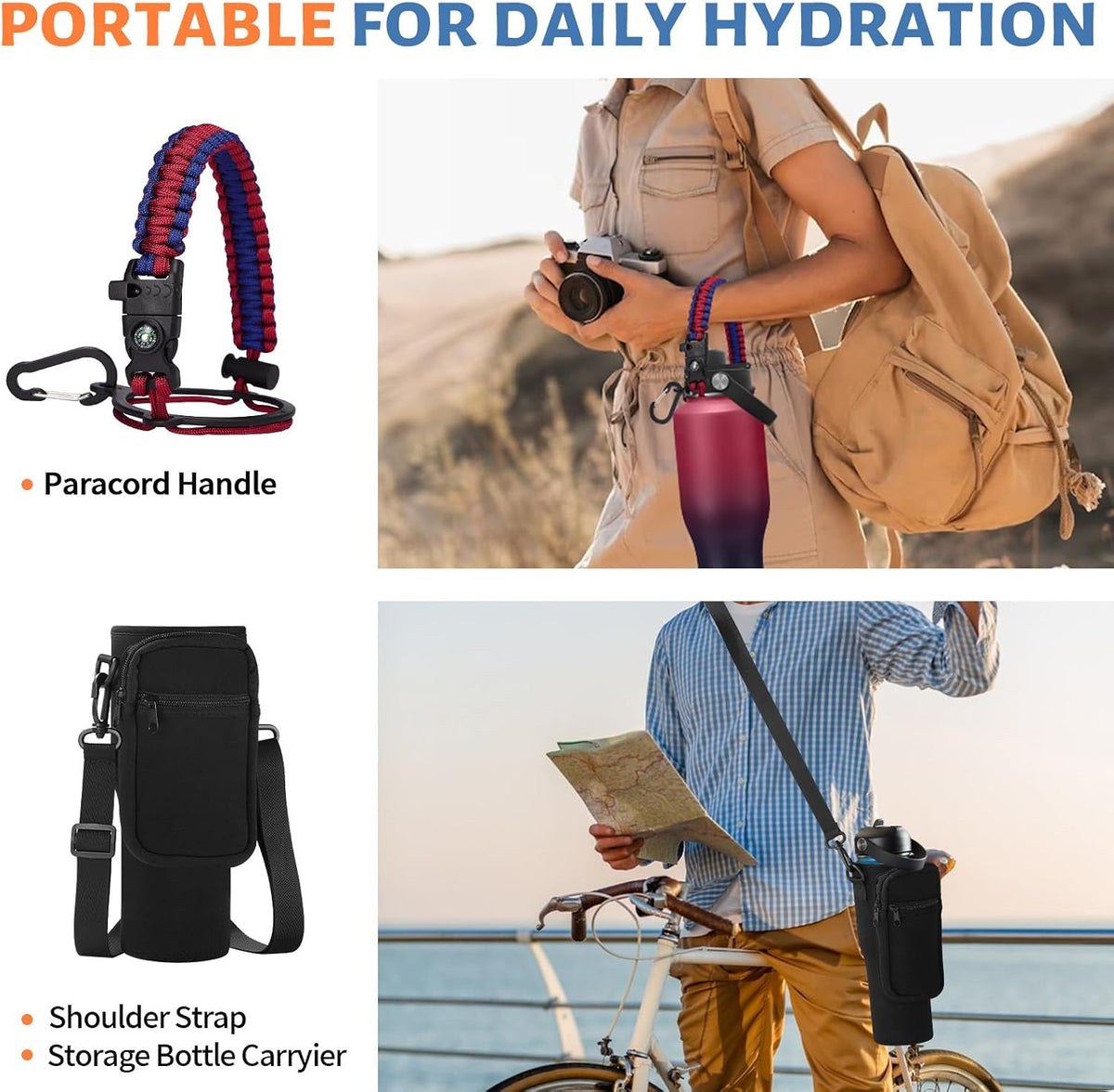40 oz Insulated Water Bottle with Straw Lid & Pop-up Spout Lid, Carrier Bag