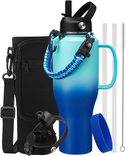 40 oz Insulated Water Bottle with Straw Lid & Pop-up Spout Lid, Carrier Bag