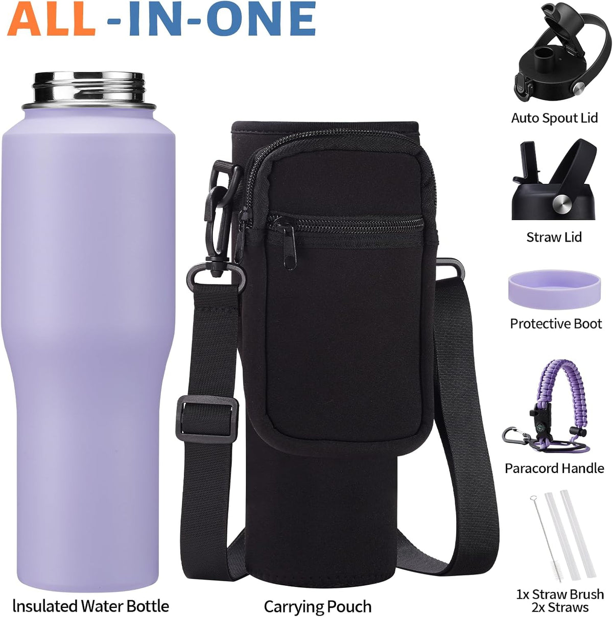 40 oz Insulated Water Bottle with Straw Lid & Pop-up Spout Lid, Carrier Bag