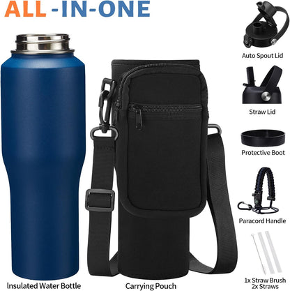40 oz Insulated Water Bottle with Straw Lid & Pop-up Spout Lid, Carrier Bag