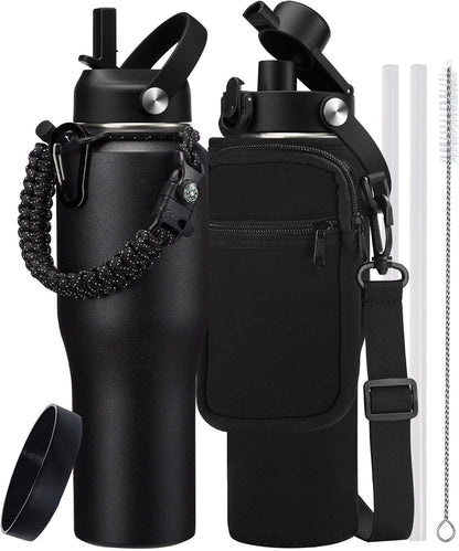 40 oz Insulated Water Bottle with Straw Lid & Pop-up Spout Lid, Carrier Bag