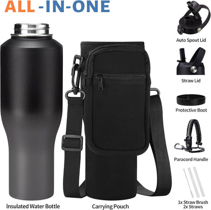 40 oz Insulated Water Bottle with Straw Lid & Pop-up Spout Lid, Carrier Bag