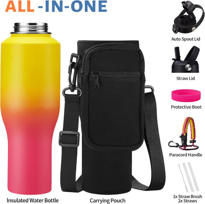 40 oz Insulated Water Bottle with Straw Lid & Pop-up Spout Lid, Carrier Bag