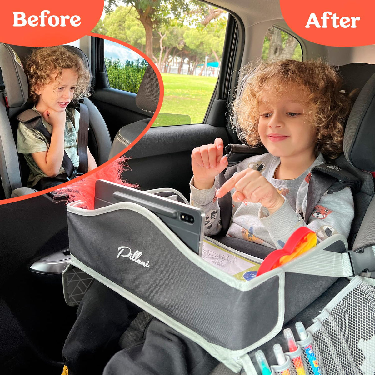 Kids Travel Tray for Car - Car Seat Tray with Activity Sheets & Pens, Road Trip Essentials for Car & Airplane, Must Have Toddler Travel Lap Desk Accessories - Road Trip Activities for Kids