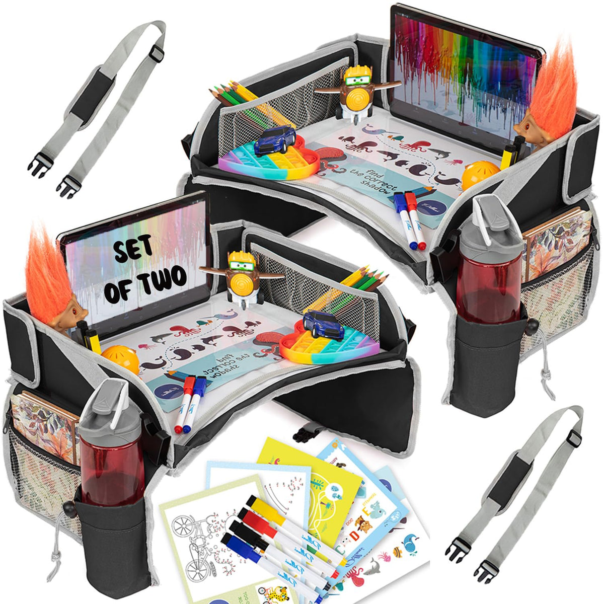 Kids Travel Tray for Car - Car Seat Tray with Activity Sheets & Pens, Road Trip Essentials for Car & Airplane, Must Have Toddler Travel Lap Desk Accessories - Road Trip Activities for Kids