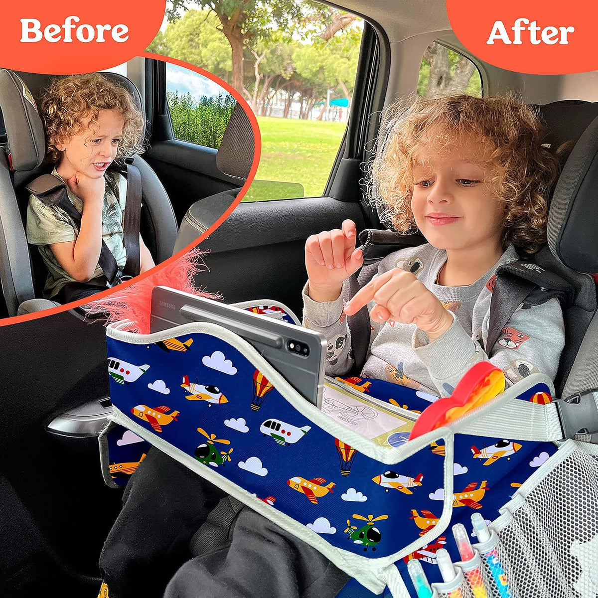 Kids Travel Tray for Car - Car Seat Tray with Activity Sheets & Pens, Road Trip Essentials for Car & Airplane, Must Have Toddler Travel Lap Desk Accessories - Road Trip Activities for Kids