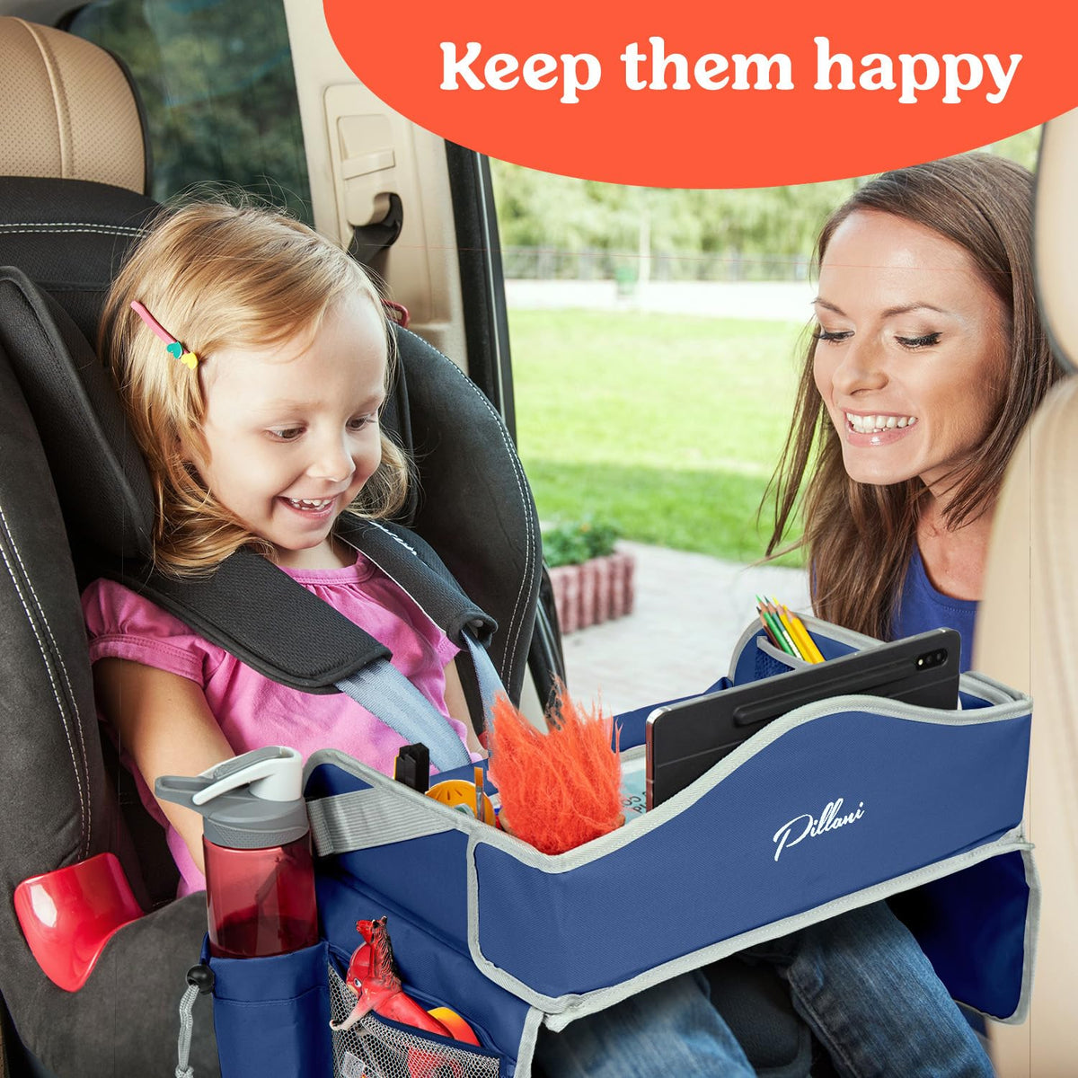 Kids Travel Tray for Car - Car Seat Tray with Activity Sheets & Pens, Road Trip Essentials for Car & Airplane, Must Have Toddler Travel Lap Desk Accessories - Road Trip Activities for Kids