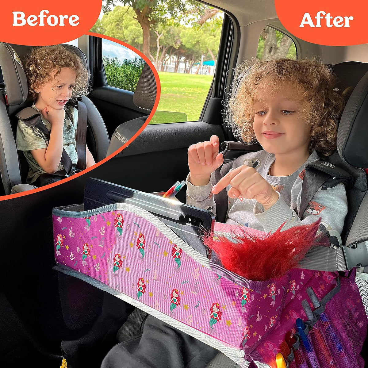 Kids Travel Tray for Car - Car Seat Tray with Activity Sheets & Pens, Road Trip Essentials for Car & Airplane, Must Have Toddler Travel Lap Desk Accessories - Road Trip Activities for Kids
