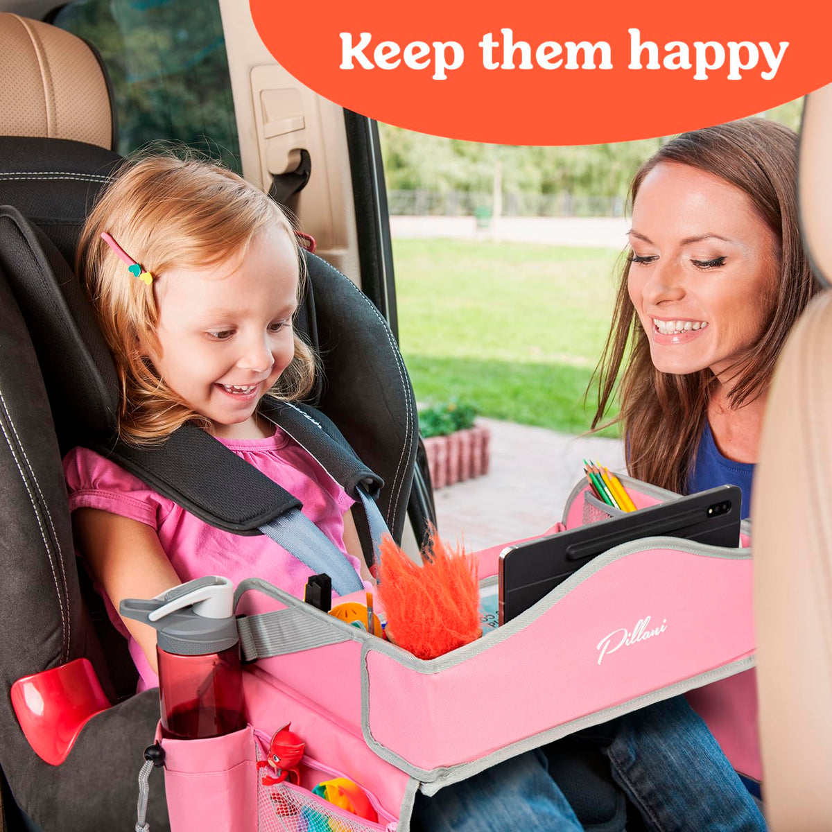 Kids Travel Tray for Car - Car Seat Tray with Activity Sheets & Pens, Road Trip Essentials for Car & Airplane, Must Have Toddler Travel Lap Desk Accessories - Road Trip Activities for Kids