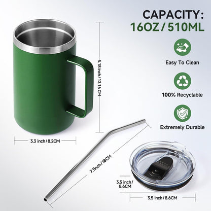 Volhoply 16oz Insulated Coffee Mug with Lid and Straw, Stainless Steel Travel Mugs with Handle, Double Wall Vacuum Leak Proof Coffee Tumbler Cup (White,1)