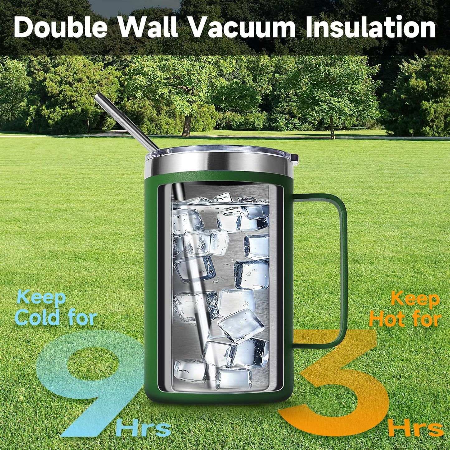 Volhoply 16oz Insulated Coffee Mug with Lid and Straw, Stainless Steel Travel Mugs with Handle, Double Wall Vacuum Leak Proof Coffee Tumbler Cup (White,1)