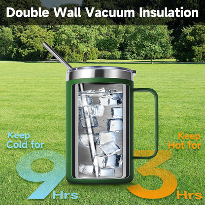 Volhoply 16oz Insulated Coffee Mug with Lid and Straw, Stainless Steel Travel Mugs with Handle, Double Wall Vacuum Leak Proof Coffee Tumbler Cup (White,1)