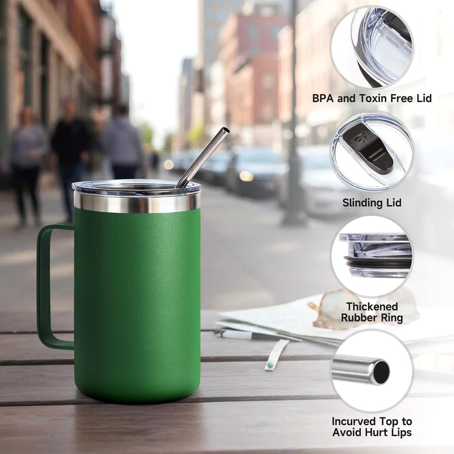 Volhoply 16oz Insulated Coffee Mug with Lid and Straw, Stainless Steel Travel Mugs with Handle, Double Wall Vacuum Leak Proof Coffee Tumbler Cup (White,1)