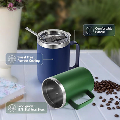 Volhoply 16oz Insulated Coffee Mug with Lid and Straw, Stainless Steel Travel Mugs with Handle, Double Wall Vacuum Leak Proof Coffee Tumbler Cup (White,1)