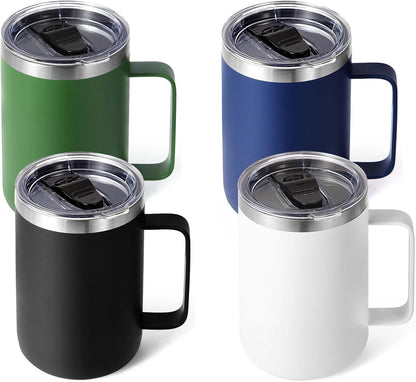 Volhoply 16oz Insulated Coffee Mug with Lid and Straw, Stainless Steel Travel Mugs with Handle, Double Wall Vacuum Leak Proof Coffee Tumbler Cup (White,1)