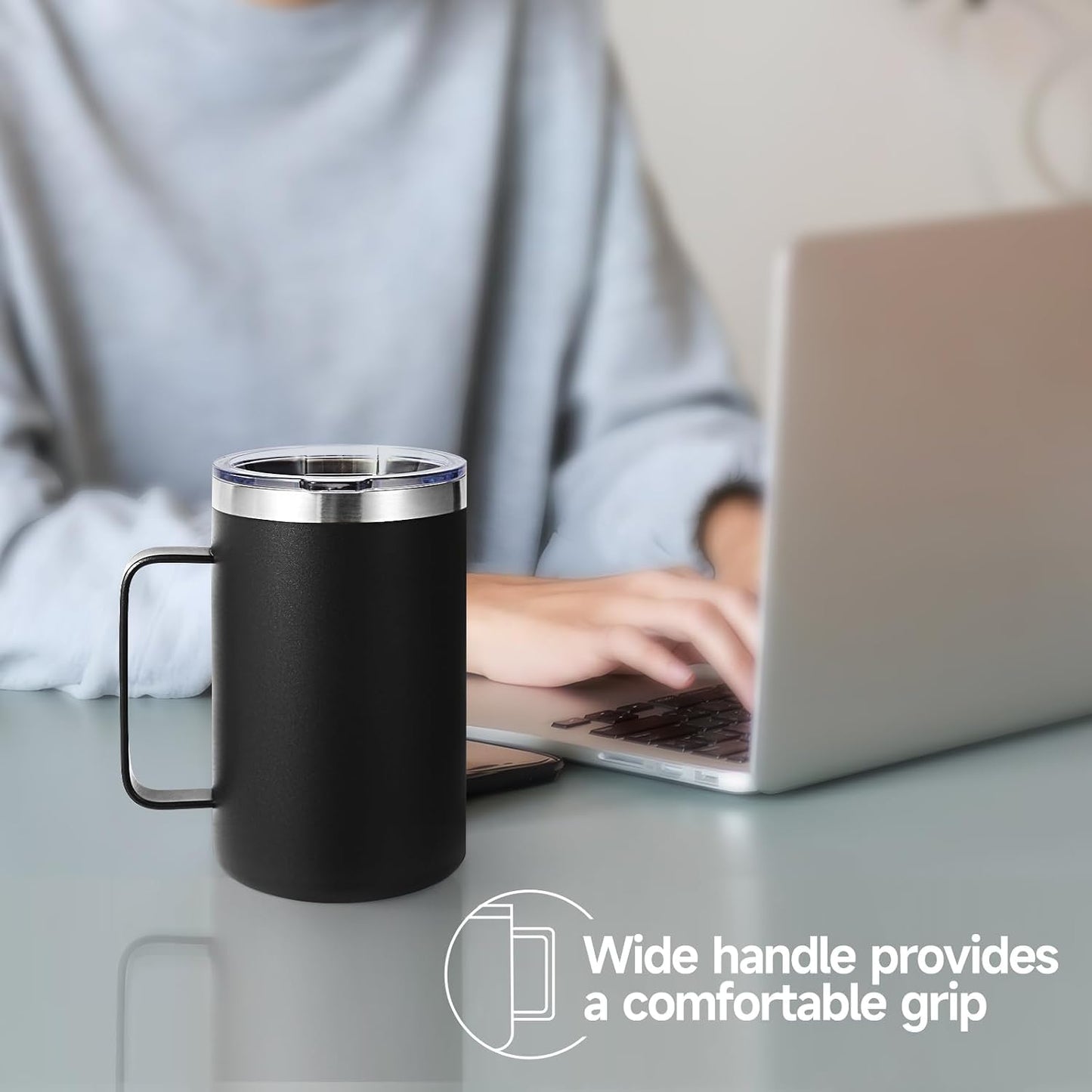 Volhoply 16oz Insulated Coffee Mug with Lid and Straw, Stainless Steel Travel Mugs with Handle, Double Wall Vacuum Leak Proof Coffee Tumbler Cup (White,1)