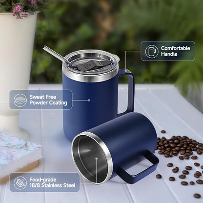 Volhoply 16oz Insulated Coffee Mug with Lid and Straw, Stainless Steel Travel Mugs with Handle, Double Wall Vacuum Leak Proof Coffee Tumbler Cup (White,1)