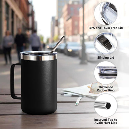 Volhoply 16oz Insulated Coffee Mug with Lid and Straw, Stainless Steel Travel Mugs with Handle, Double Wall Vacuum Leak Proof Coffee Tumbler Cup (White,1)