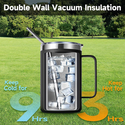 Volhoply 16oz Insulated Coffee Mug with Lid and Straw, Stainless Steel Travel Mugs with Handle, Double Wall Vacuum Leak Proof Coffee Tumbler Cup (White,1)
