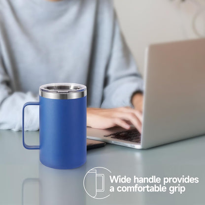 Volhoply 16oz Insulated Coffee Mug with Lid and Straw, Stainless Steel Travel Mugs with Handle, Double Wall Vacuum Leak Proof Coffee Tumbler Cup (White,1)