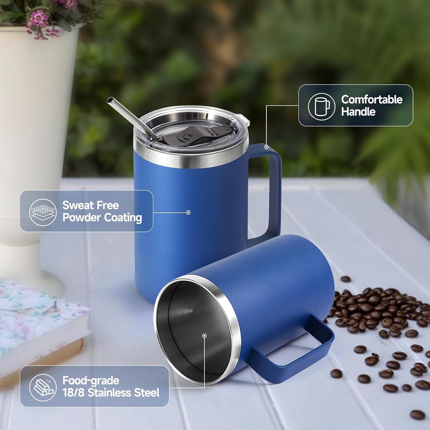 Volhoply 16oz Insulated Coffee Mug with Lid and Straw, Stainless Steel Travel Mugs with Handle, Double Wall Vacuum Leak Proof Coffee Tumbler Cup (White,1)