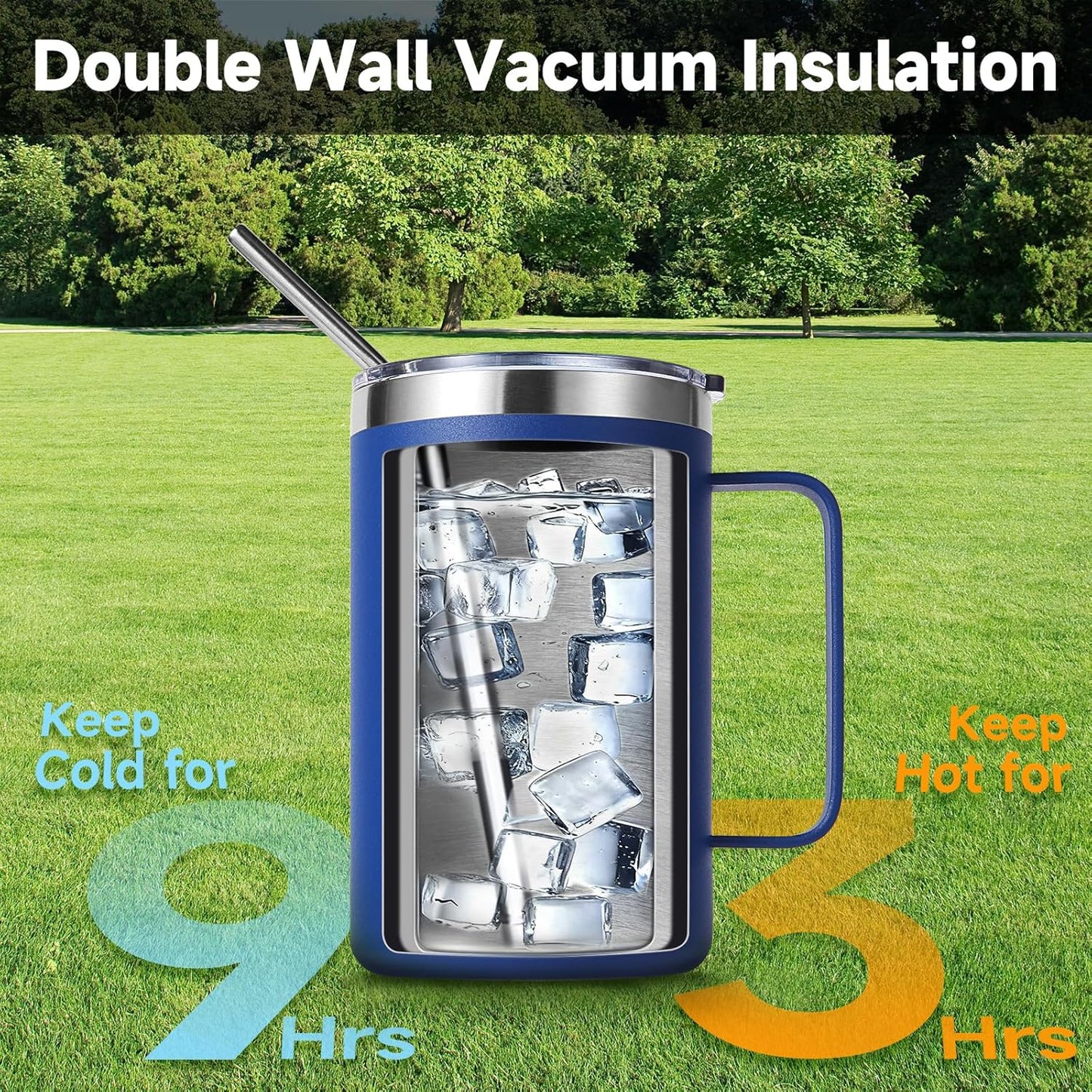 Volhoply 16oz Insulated Coffee Mug with Lid and Straw, Stainless Steel Travel Mugs with Handle, Double Wall Vacuum Leak Proof Coffee Tumbler Cup (White,1)