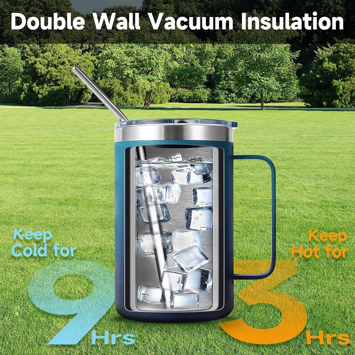 Volhoply 16oz Insulated Coffee Mug with Lid and Straw, Stainless Steel Travel Mugs with Handle, Double Wall Vacuum Leak Proof Coffee Tumbler Cup (White,1)