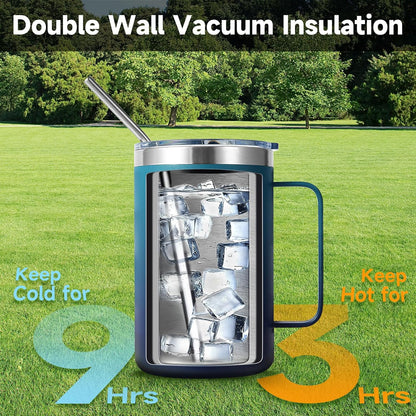 Volhoply 16oz Insulated Coffee Mug with Lid and Straw, Stainless Steel Travel Mugs with Handle, Double Wall Vacuum Leak Proof Coffee Tumbler Cup (White,1)