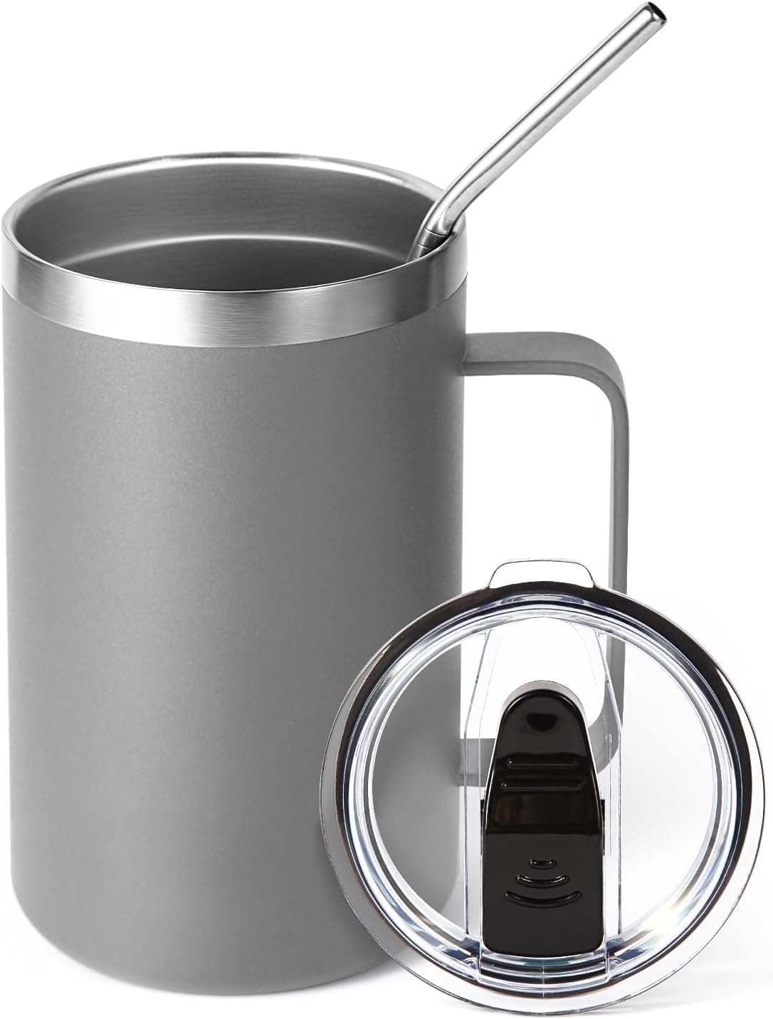 Volhoply 16oz Insulated Coffee Mug with Lid and Straw, Stainless Steel Travel Mugs with Handle, Double Wall Vacuum Leak Proof Coffee Tumbler Cup (White,1)