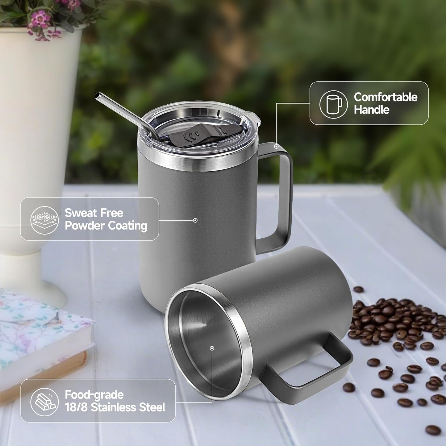 Volhoply 16oz Insulated Coffee Mug with Lid and Straw, Stainless Steel Travel Mugs with Handle, Double Wall Vacuum Leak Proof Coffee Tumbler Cup (White,1)